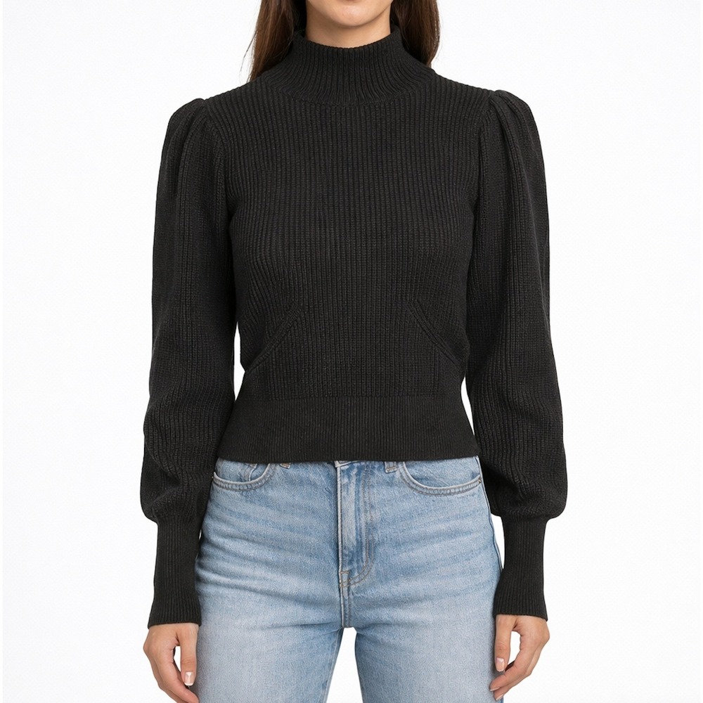 ASTR The Label Black Ribbed Mock Neck Puff Sleeve Sweater‎ SMALL